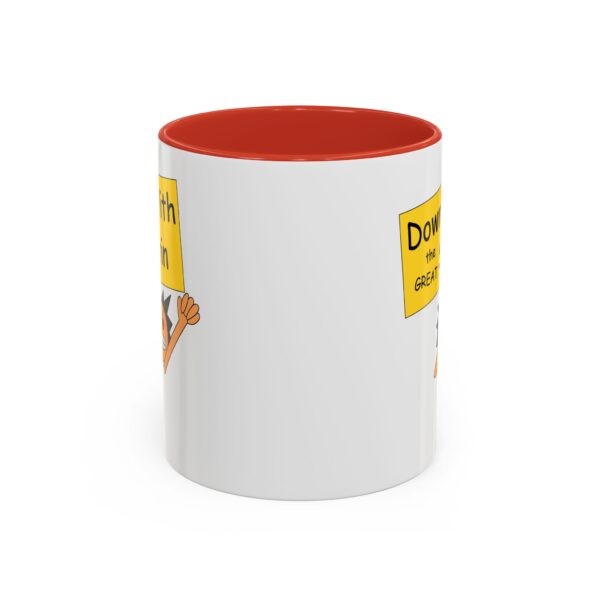 A red and white mug with a picture of a dog.