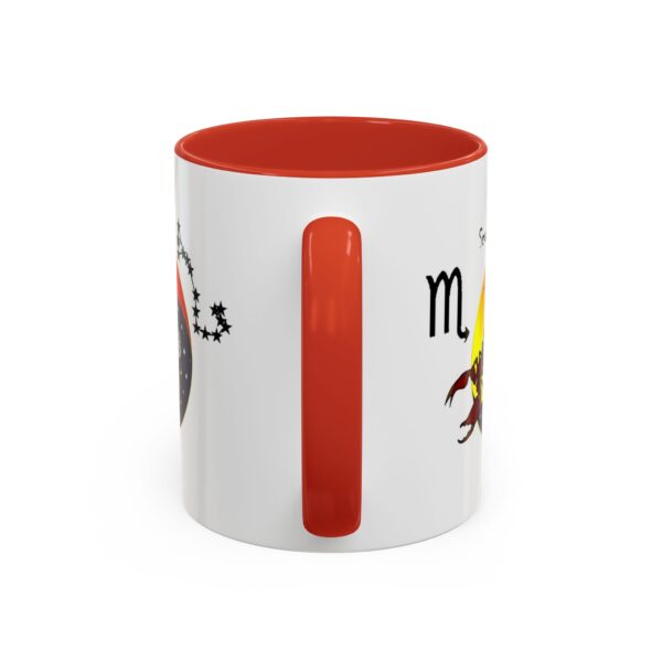 A red and white mug with the words " scorpio " written on it.