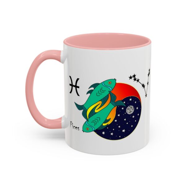 A pink and white mug with an illustration of a space ship.