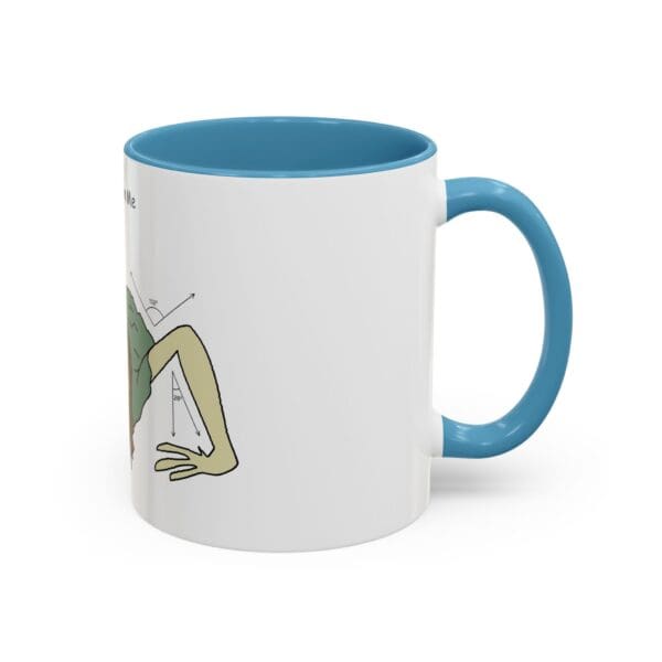 A blue and white mug with an image of a person doing yoga.