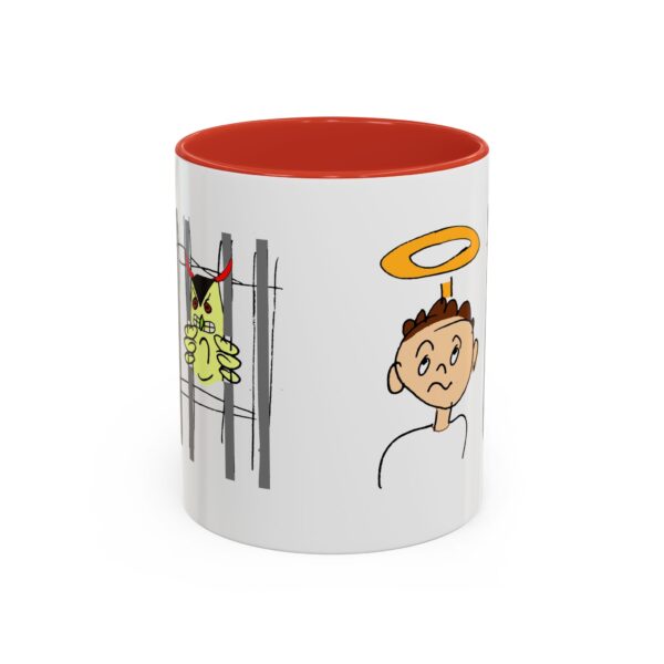 A red and white mug with an image of a man in jail.