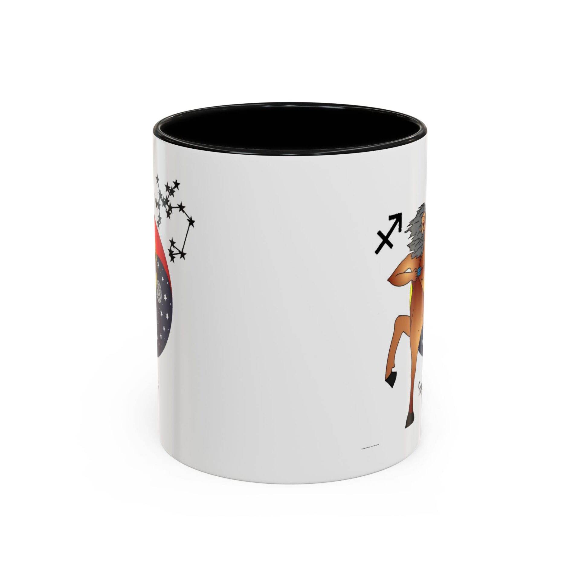 A mug with an image of a deer and a person.