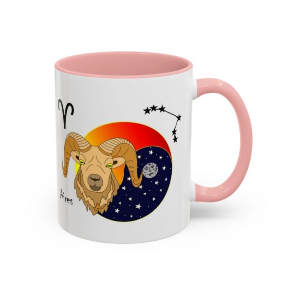 A pink and white mug with an illustration of a goat.