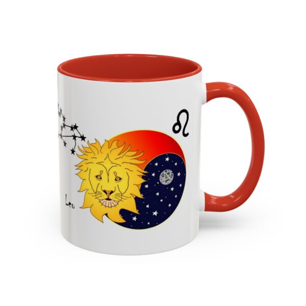 A red and white coffee mug with an image of the sun, moon and stars.