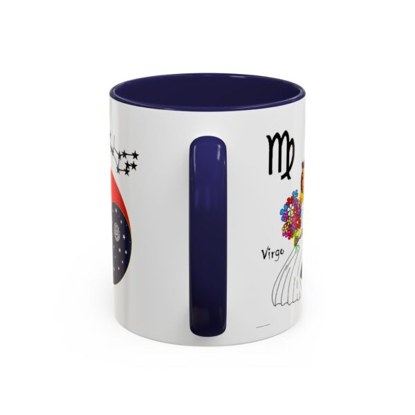 A blue and white mug with the words " virgo " written on it.