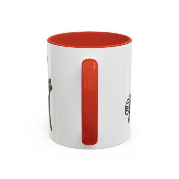 A red and white mug with a picture of a car on it.