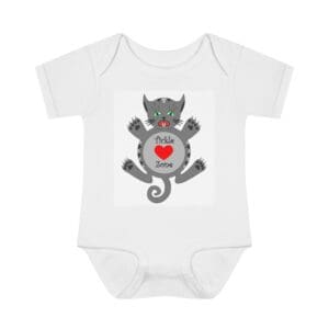 A baby onesie with an image of a cat.