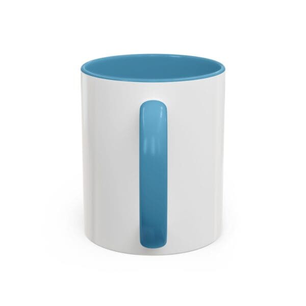 A white and blue mug with the handle up.