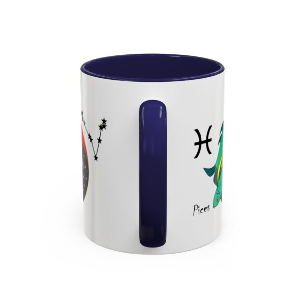 A blue and white mug with the zodiac sign pisces on it.