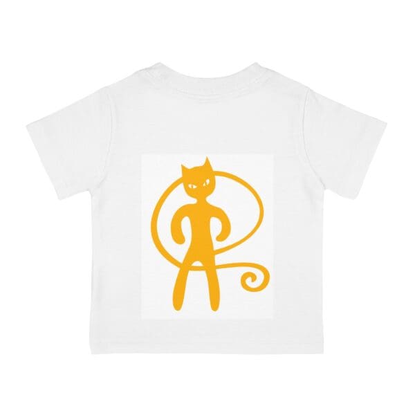 A white t-shirt with an orange cat on it.