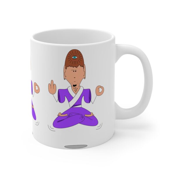 A mug with a cartoon of a person in purple clothes