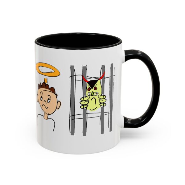 A mug with an image of a person in jail.