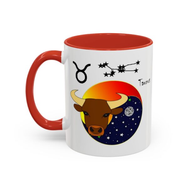 A red and white mug with an image of a bull.