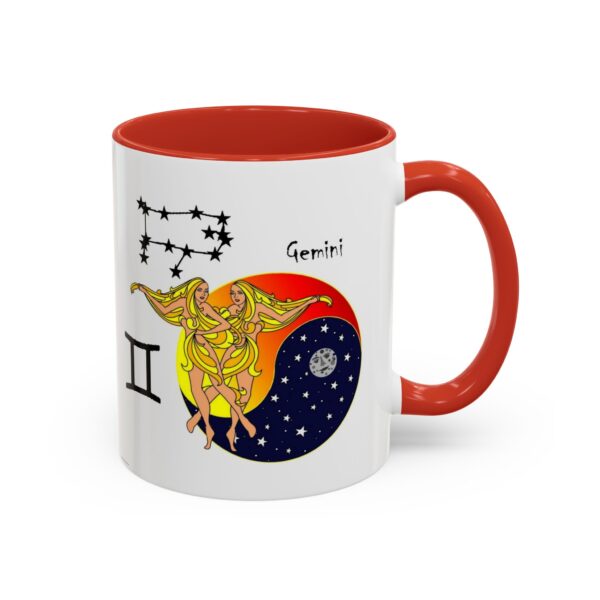 A red and white mug with an astrology design.