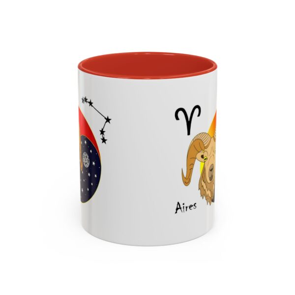 A red and white mug with an image of the zodiac sign.