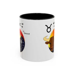 A mug with an image of the zodiac sign taurus.