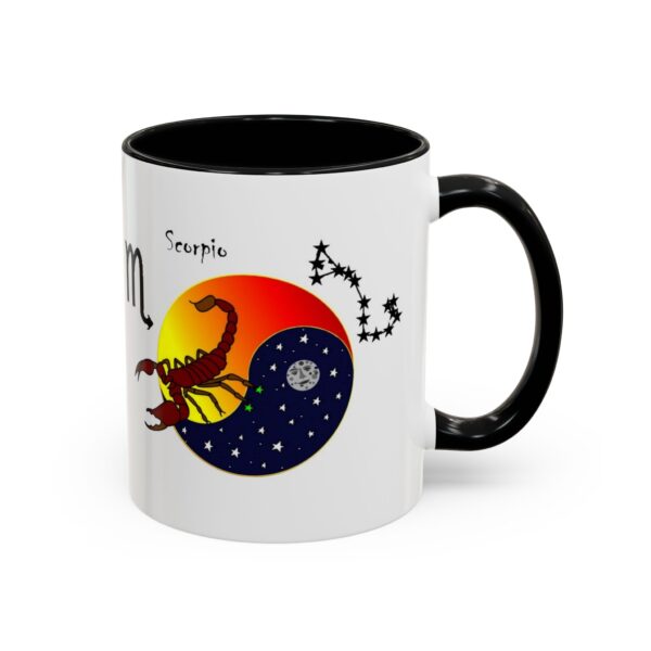 A black and white mug with a picture of scorpio and the sun.