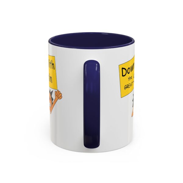 A blue and white mug with a picture of a dog.