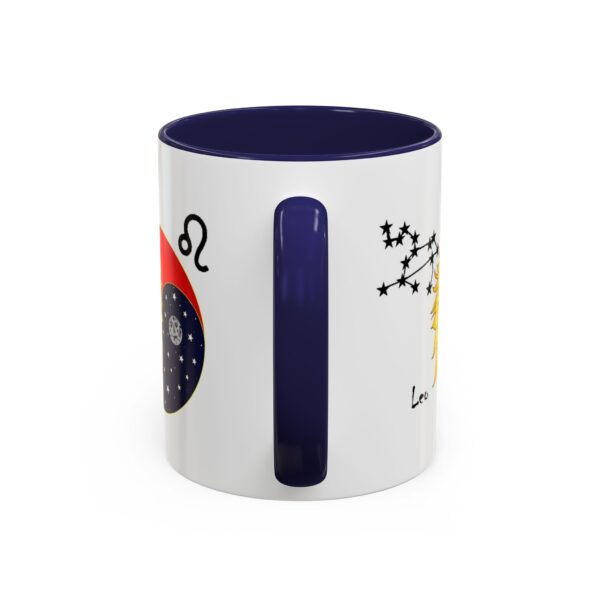 A white and blue coffee mug with an image of the zodiac sign.