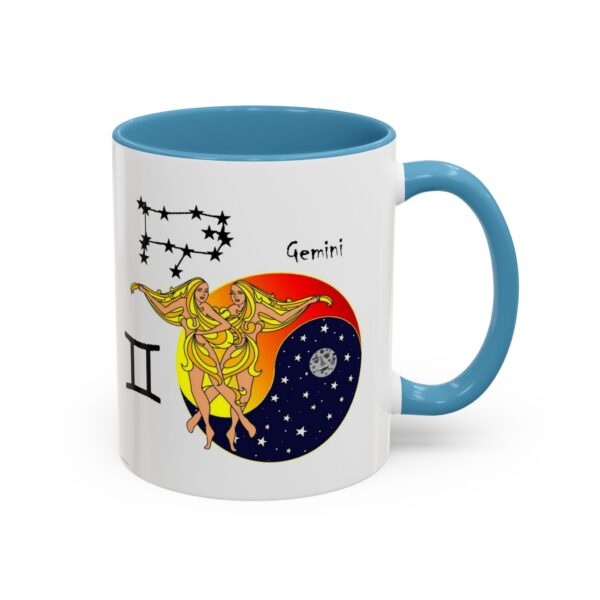 A blue and white mug with an astrology design.