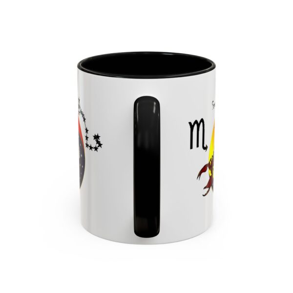 A black and white mug with the words " scorpio " on it.