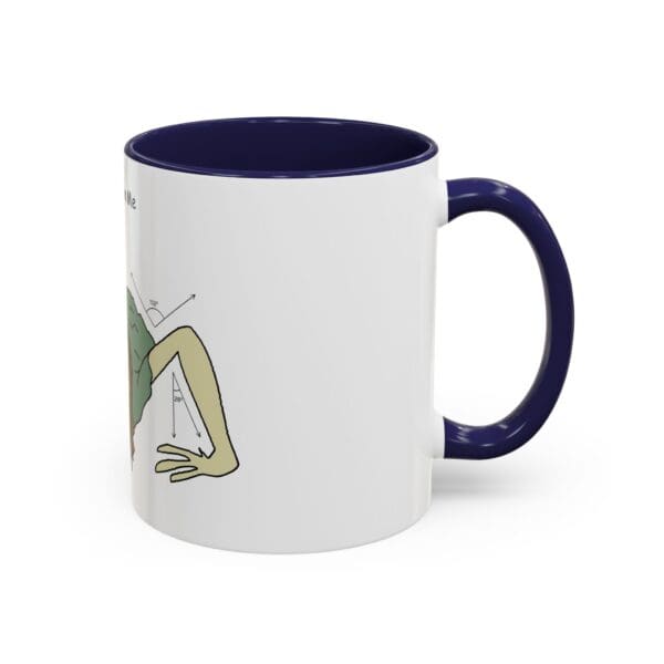 A blue and white mug with a cartoon of a person doing yoga.