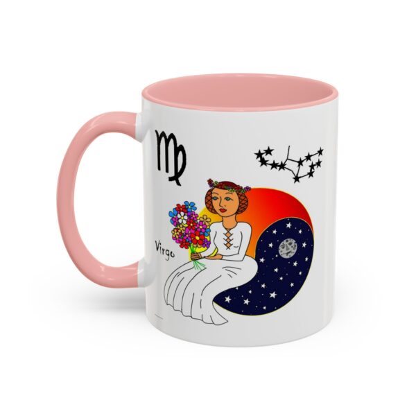 A pink and white mug with the zodiac sign virgo on it.