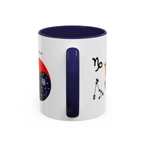 A blue and white mug with a picture of a scorpio