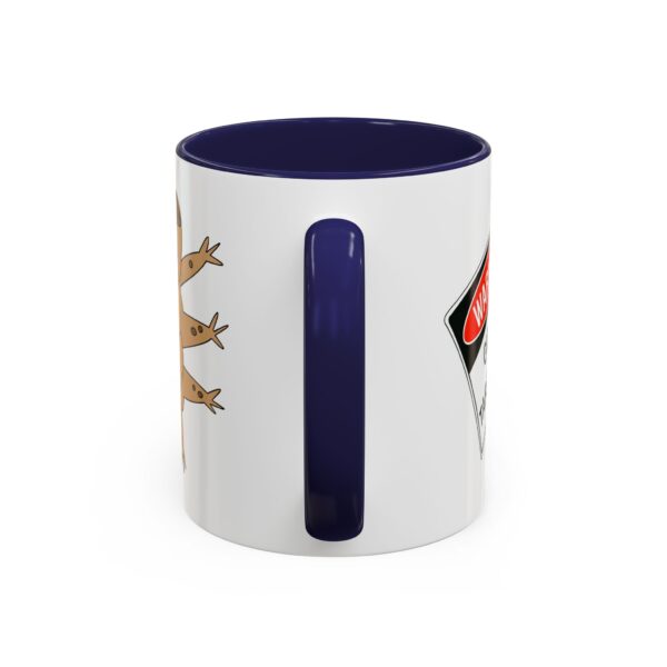 A blue and white mug with a picture of animals.