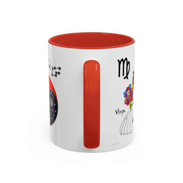 A red and white mug with the words " virgo " written on it.