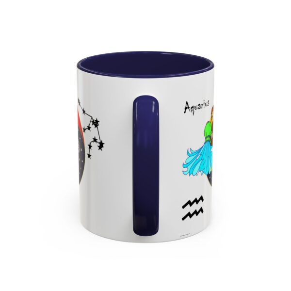 A blue and white mug with an image of aquarius on it.