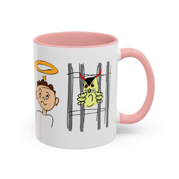 A pink and white mug with cartoon characters