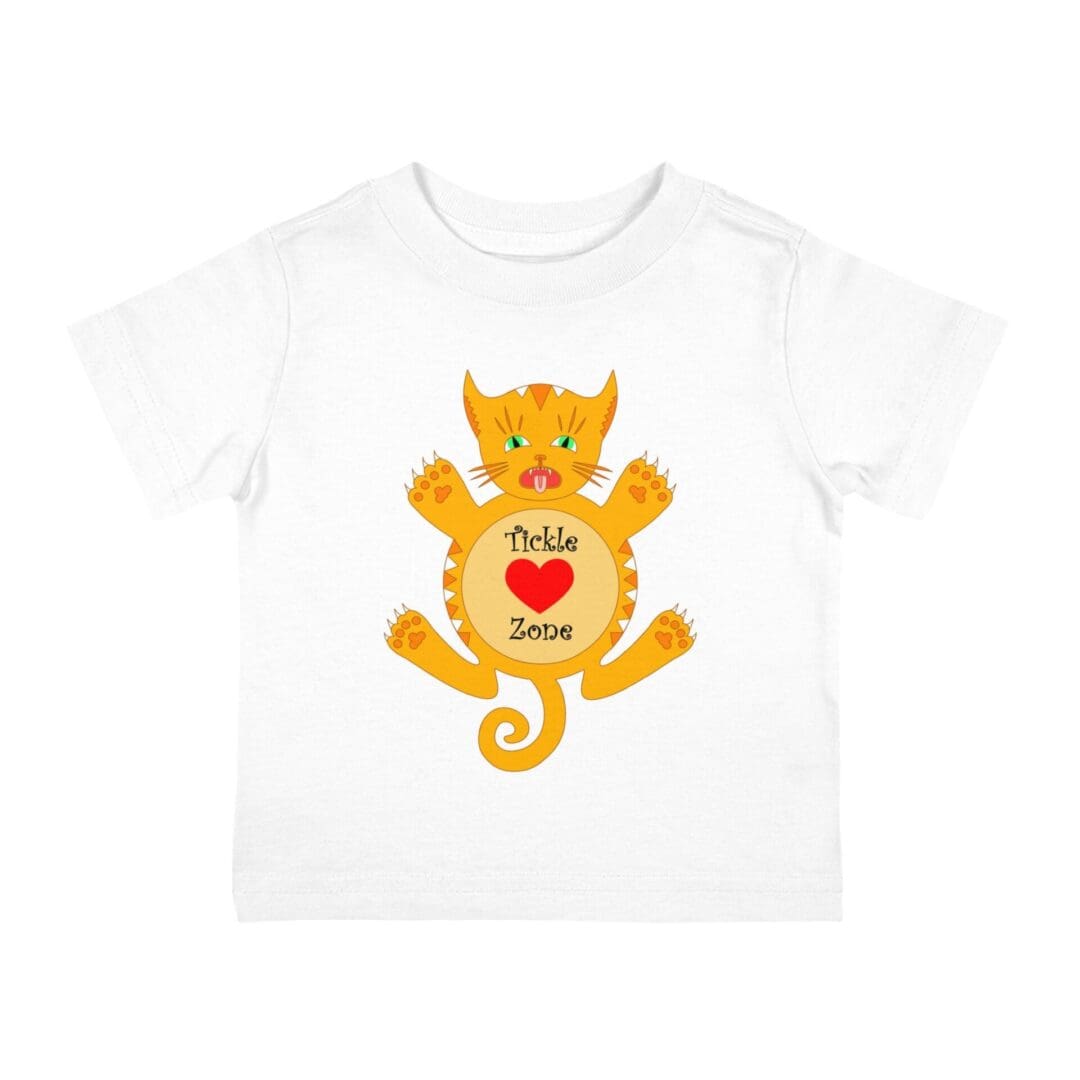 A white t-shirt with an orange cat and heart.