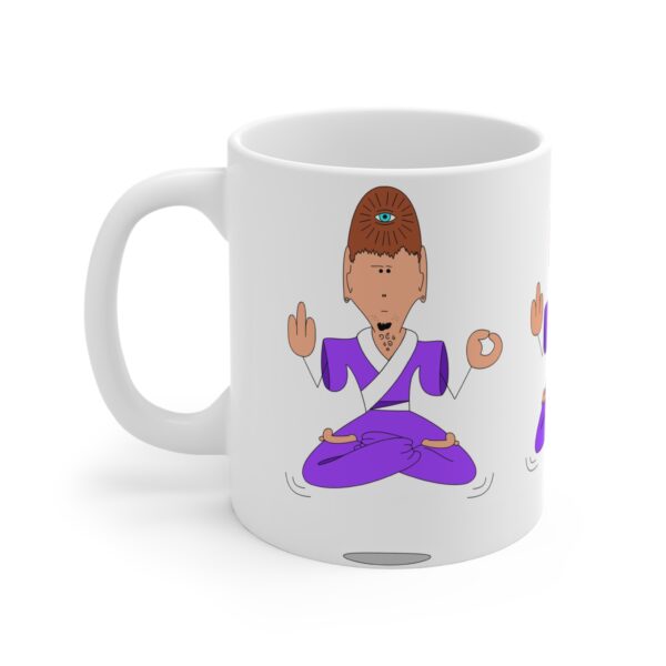 A mug with a cartoon of a person in purple clothes