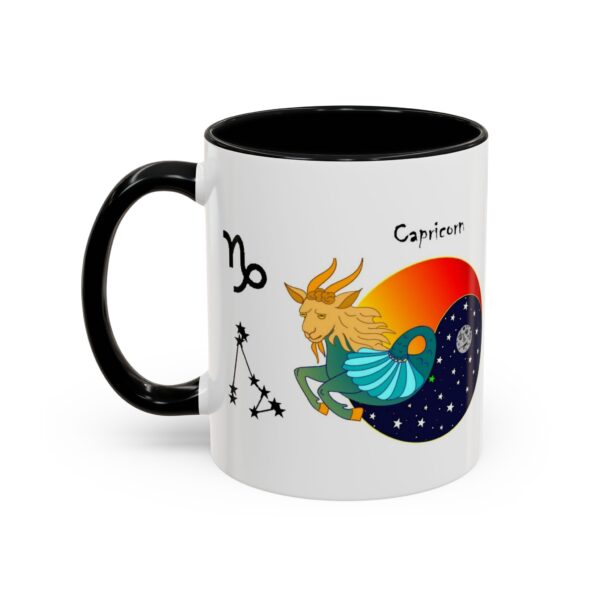 A black and white mug with an illustration of capricorn