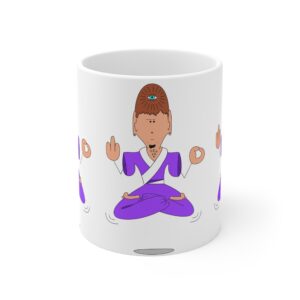 A mug with a cartoon of a person doing yoga.