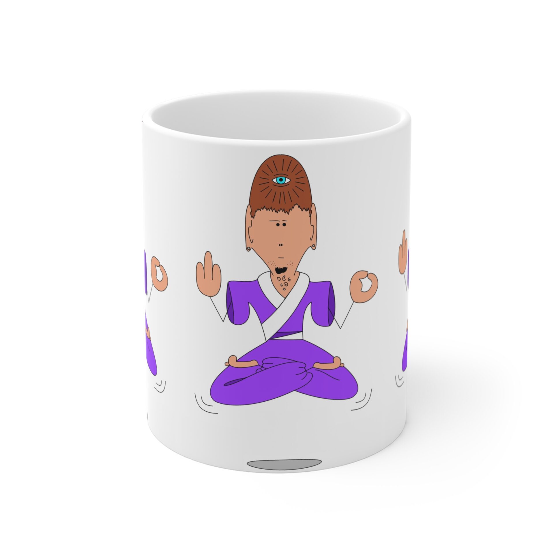 A mug with a cartoon of a person doing yoga.