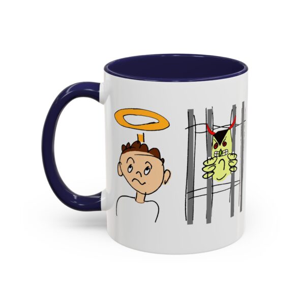 A mug with an image of a man and a cat.