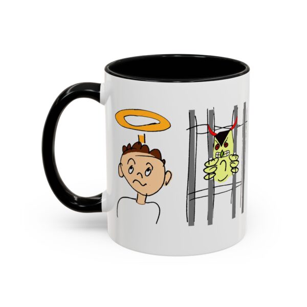 A mug with an image of a man and a cat.