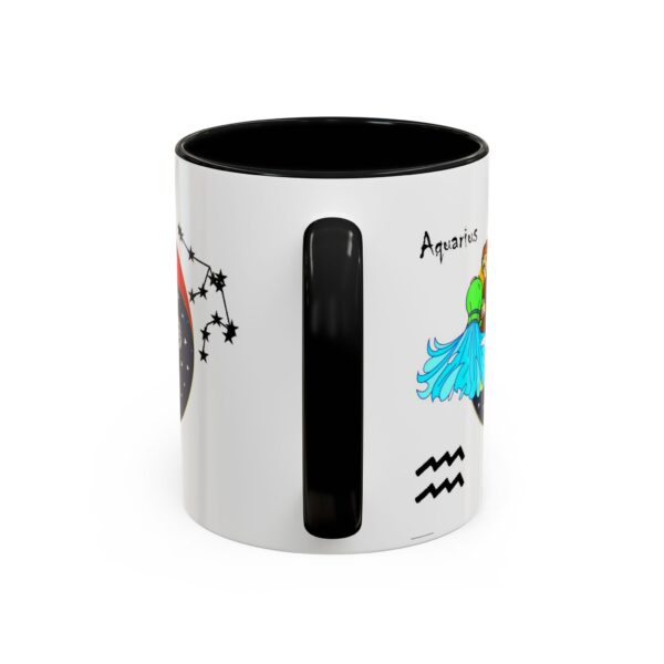 A black and white mug with an image of aquarius.