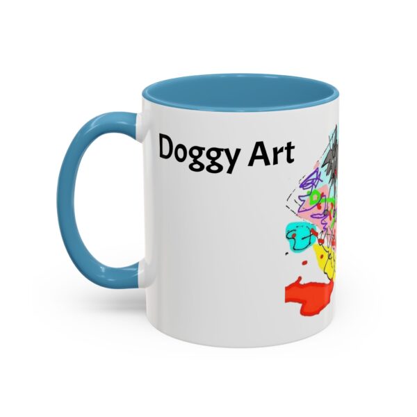 A blue and white mug with the words doggy art on it.