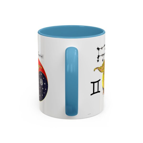 A blue and white mug with the words " zodiac gemini ".