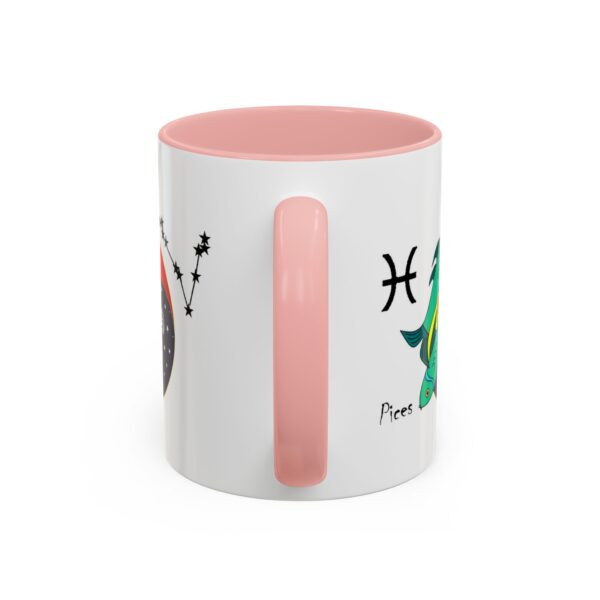 A pink and white mug with the words pisces on it.