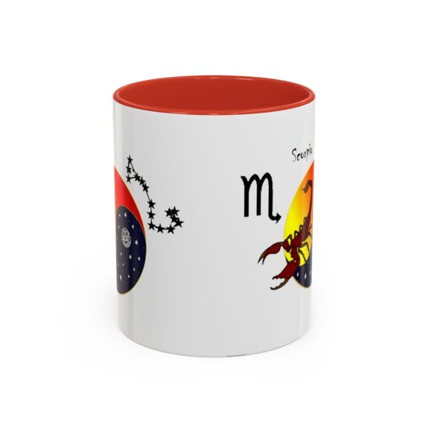 A red and white mug with the zodiac sign scorpio on it.