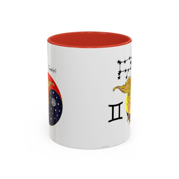 A red and white mug with the zodiac sign gemini on it.