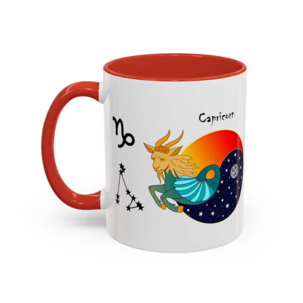 A red and white mug with an illustration of capricorn.