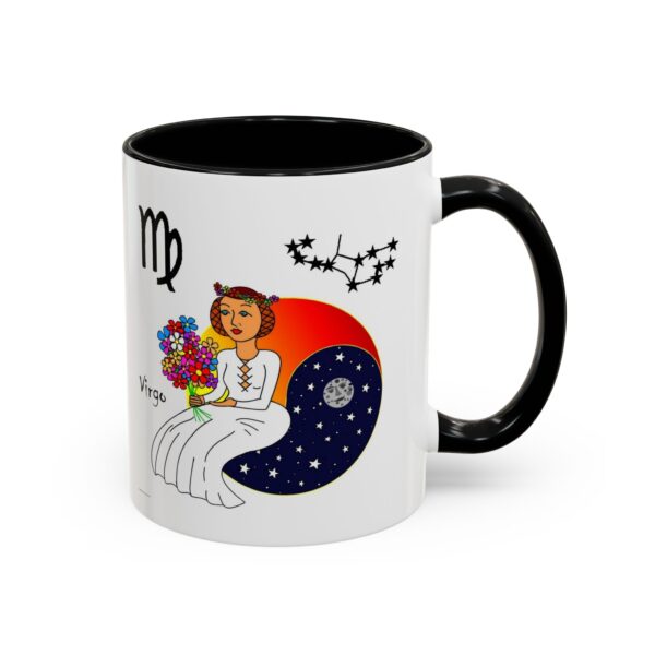 A black and white mug with an illustration of a woman sitting on the moon.