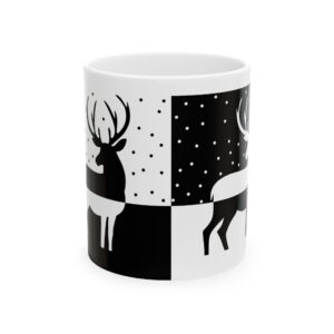 A black and white mug with deer on it.