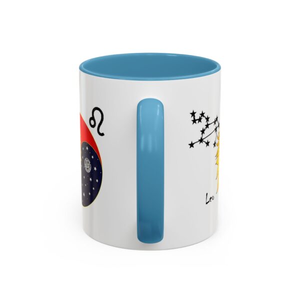 A blue and white coffee mug with an image of the zodiac.