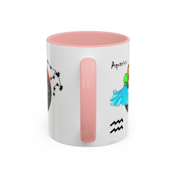 A pink and white mug with an image of aquarius on it.